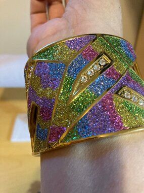Vintage 70s Pink, Yellow, Blue, Green, Gold, Sparkly, Cuff Bracelet